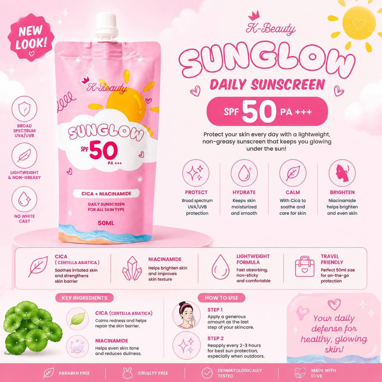 K BEAUTY Sunglow SPF50 PA+++ Cica + Niacinamide