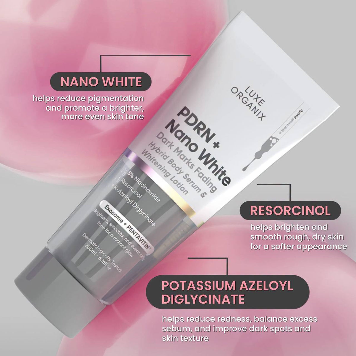 Luxe Organix PDRN + Retinal & PDRN + Nano White Hybrid Body Serum & Whitening Lotion 200ml
