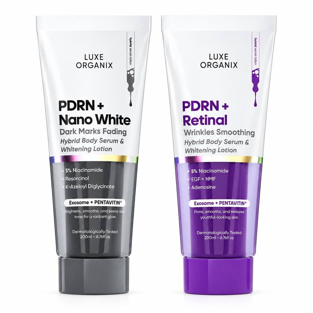 Luxe Organix PDRN + Retinal & PDRN + Nano White Hybrid Body Serum & Whitening Lotion 200ml