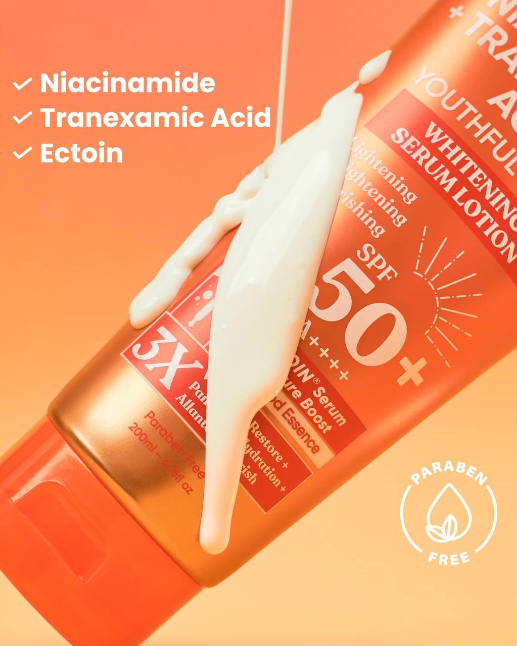 LUXE ORGANIX Niacinamide + Tranexamic Acid Youthful Glow Whitening Serum Lotion SPF 50 Pa++++ 200ml