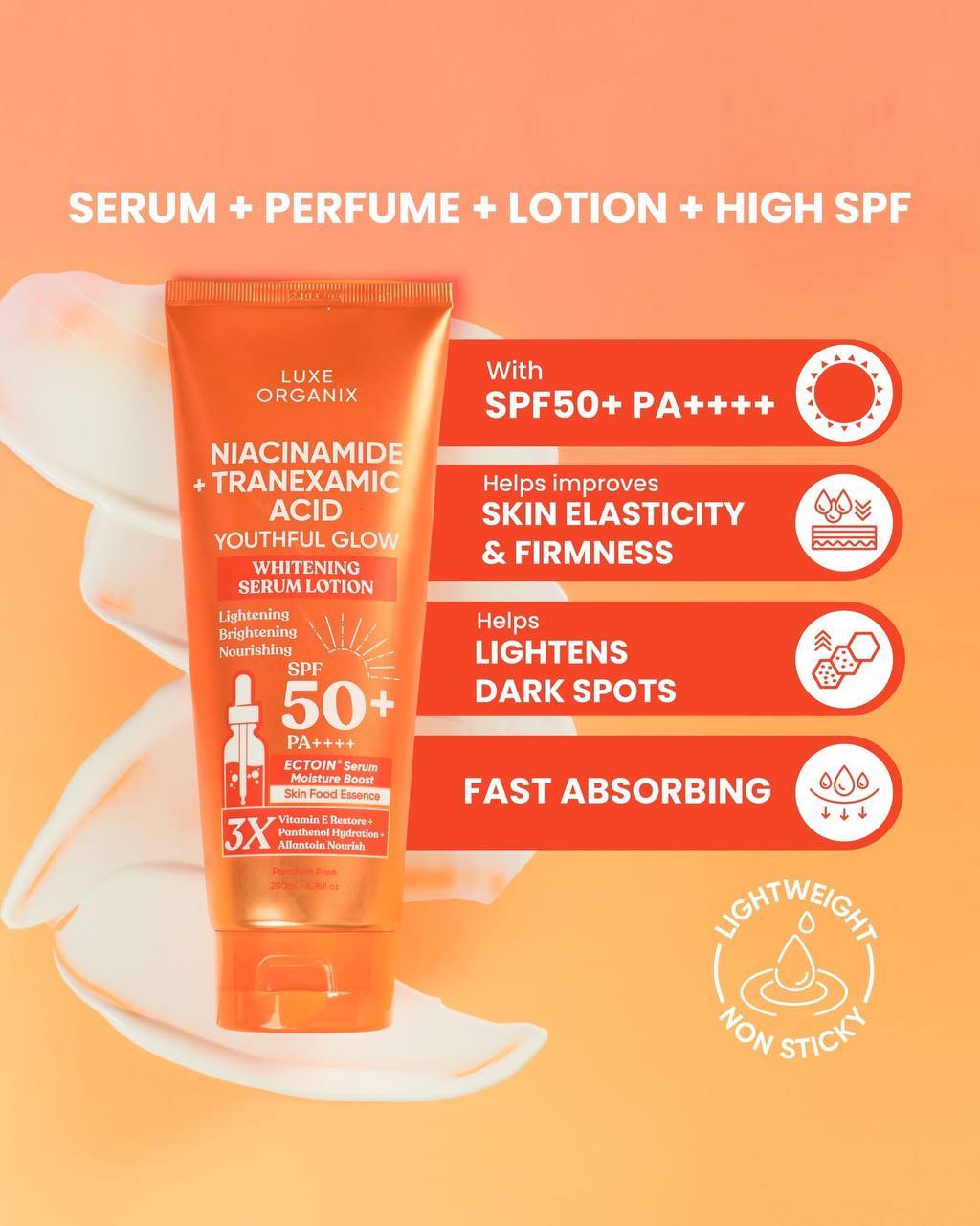 LUXE ORGANIX Niacinamide + Tranexamic Acid Youthful Glow Whitening Serum Lotion SPF 50 Pa++++ 200ml