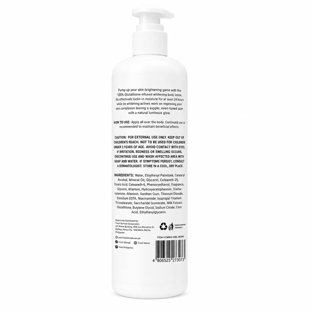 FRESH Skinlab Milk White 100% Glutathione Whitening Body Lotion - 480ml