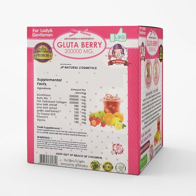 Gluta Berry 200000Mg Glutathione & Collagen Drink Anti Aging 10 Sachets Fast Actions Marine Collagen Skin Nourishment Skin Dark Spot & Anti-Acne