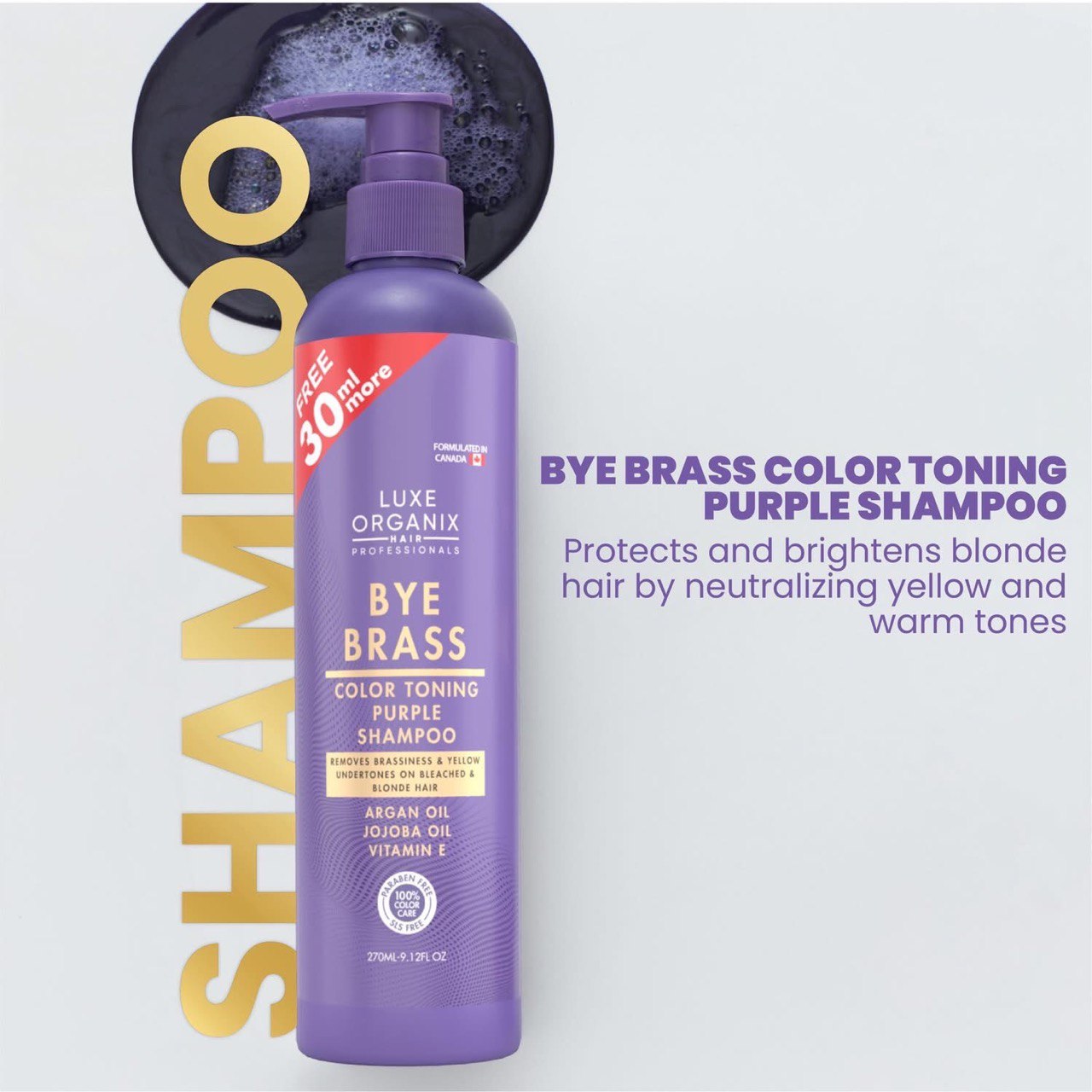 LUXE ORGANIX Bye Brass Color Toning Purple Shampoo