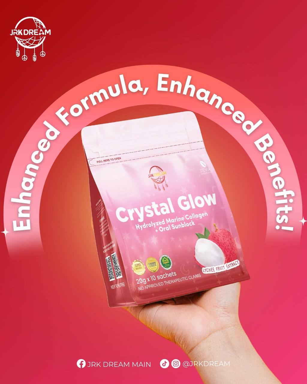Crystal Glow Lychee Hydrolyzed Marine Collagen 10 sachets