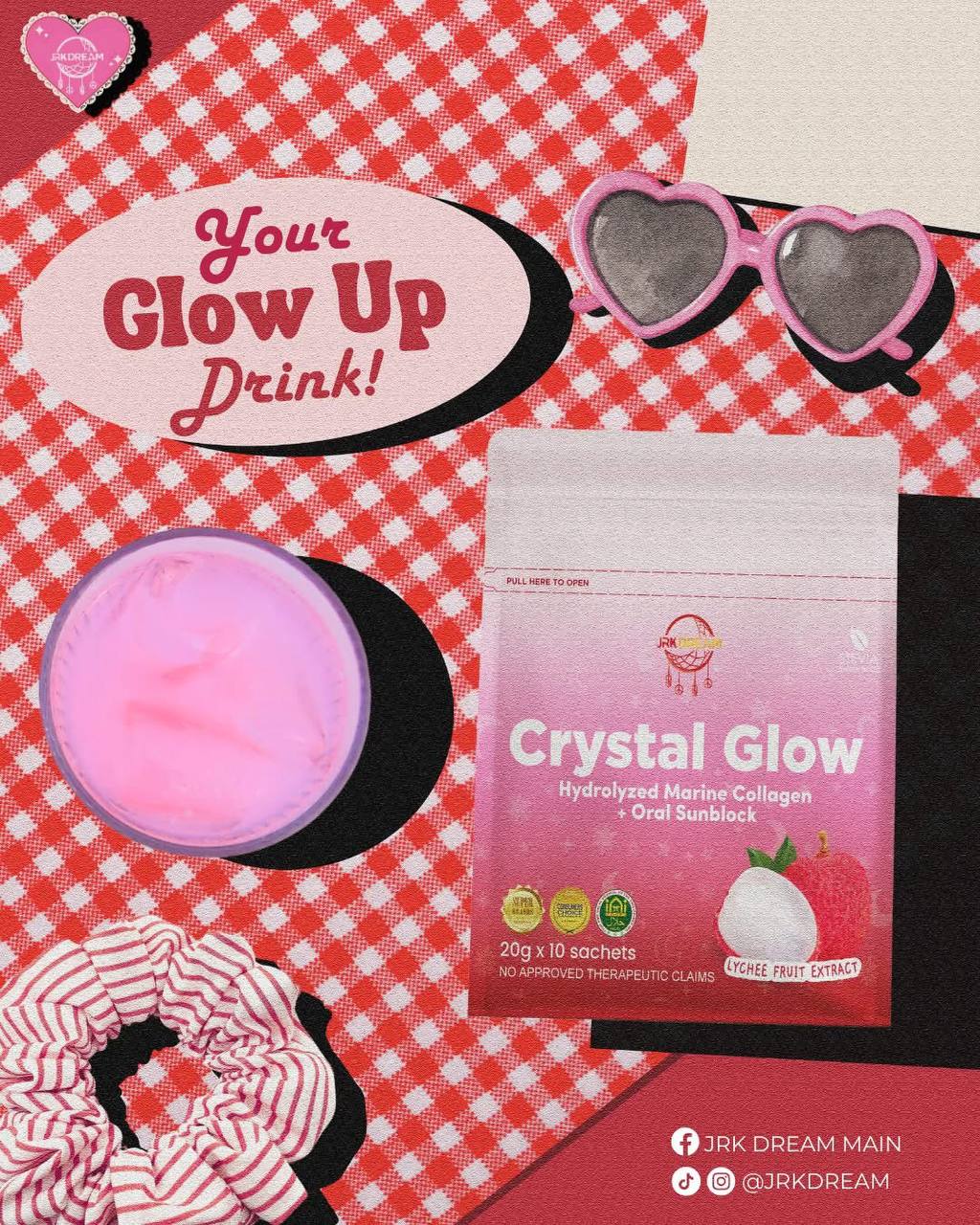 Crystal Glow Lychee Hydrolyzed Marine Collagen 10 sachets