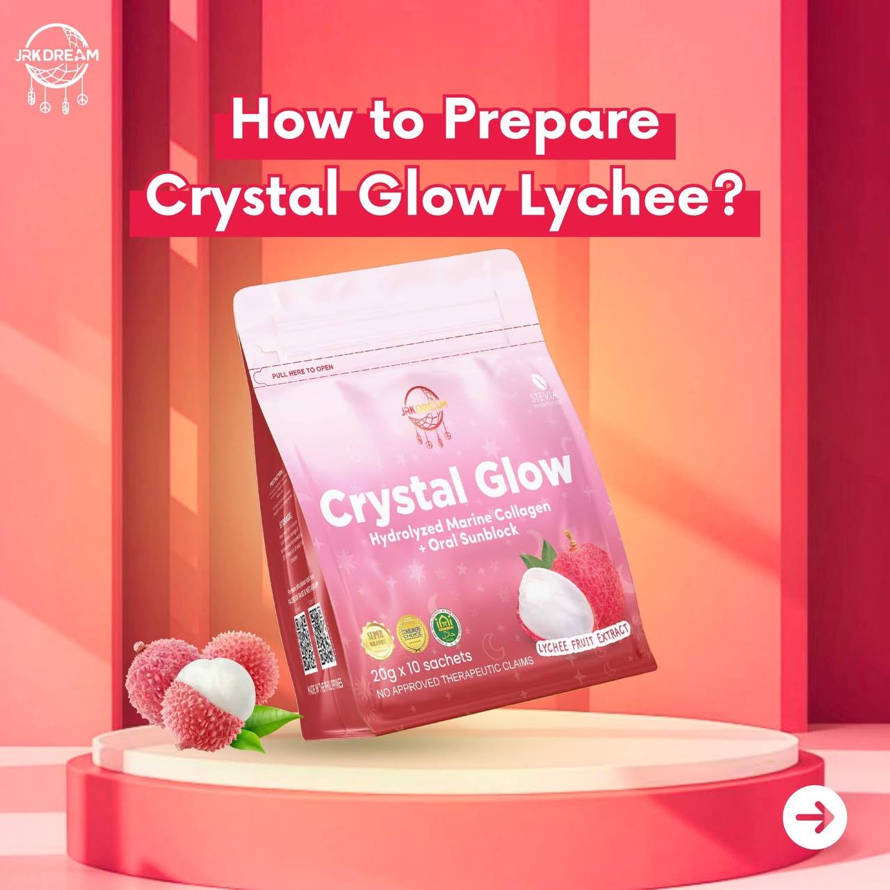 Crystal Glow Lychee Hydrolyzed Marine Collagen 10 sachets