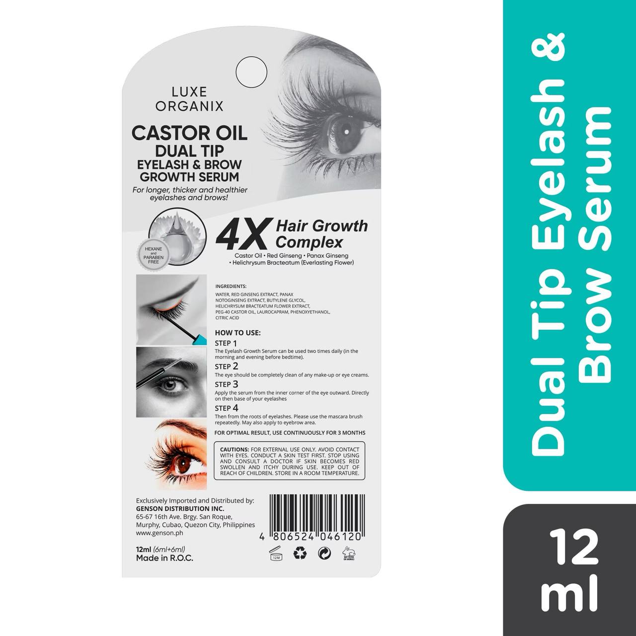 LUXE ORGANIX Castor Oil Dual Tip Eyelash &  Brow Growth Serum 12ml