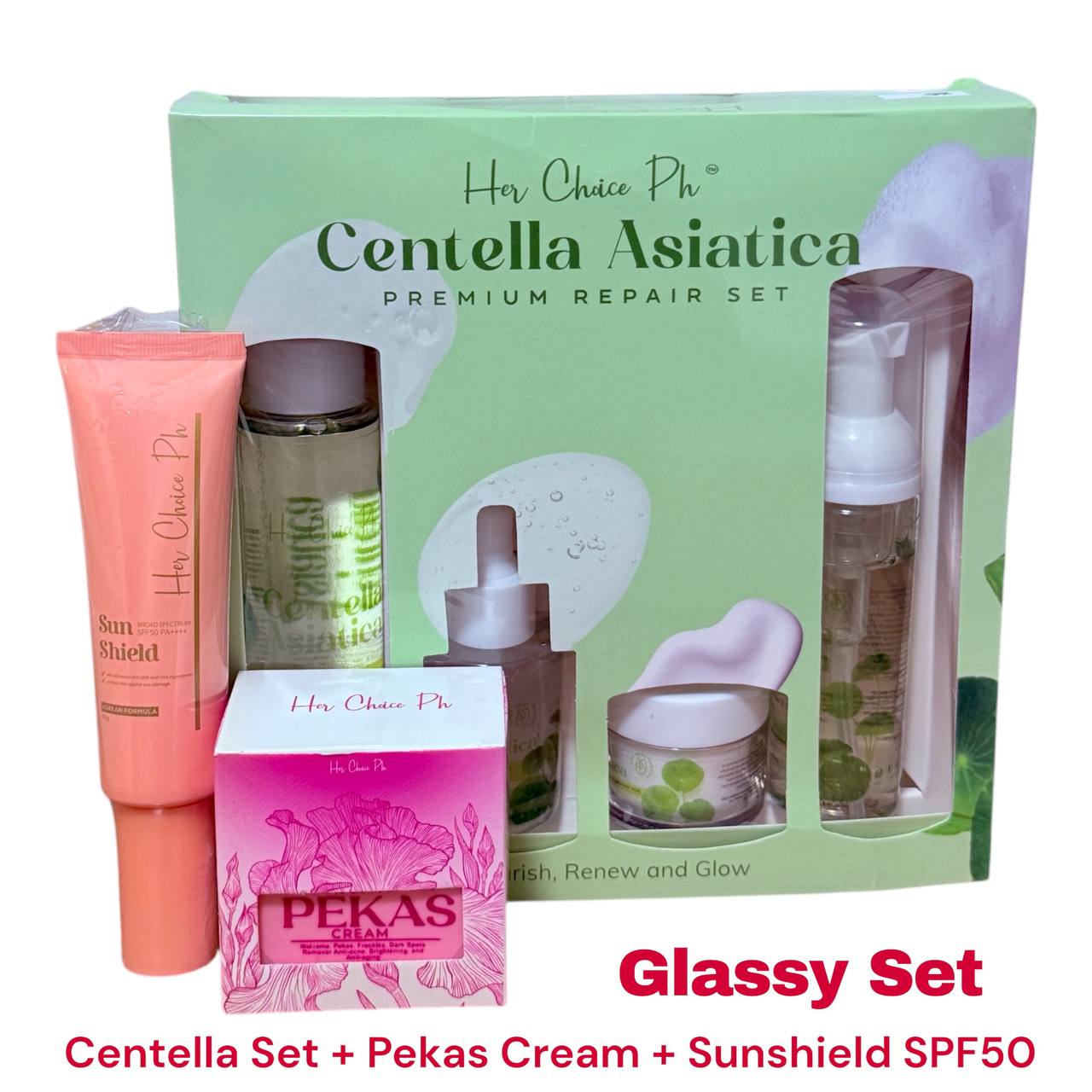 HER CHOICE PH Glassy Set (Centella Set + Pekas Cream + Sunshield SPF 50)