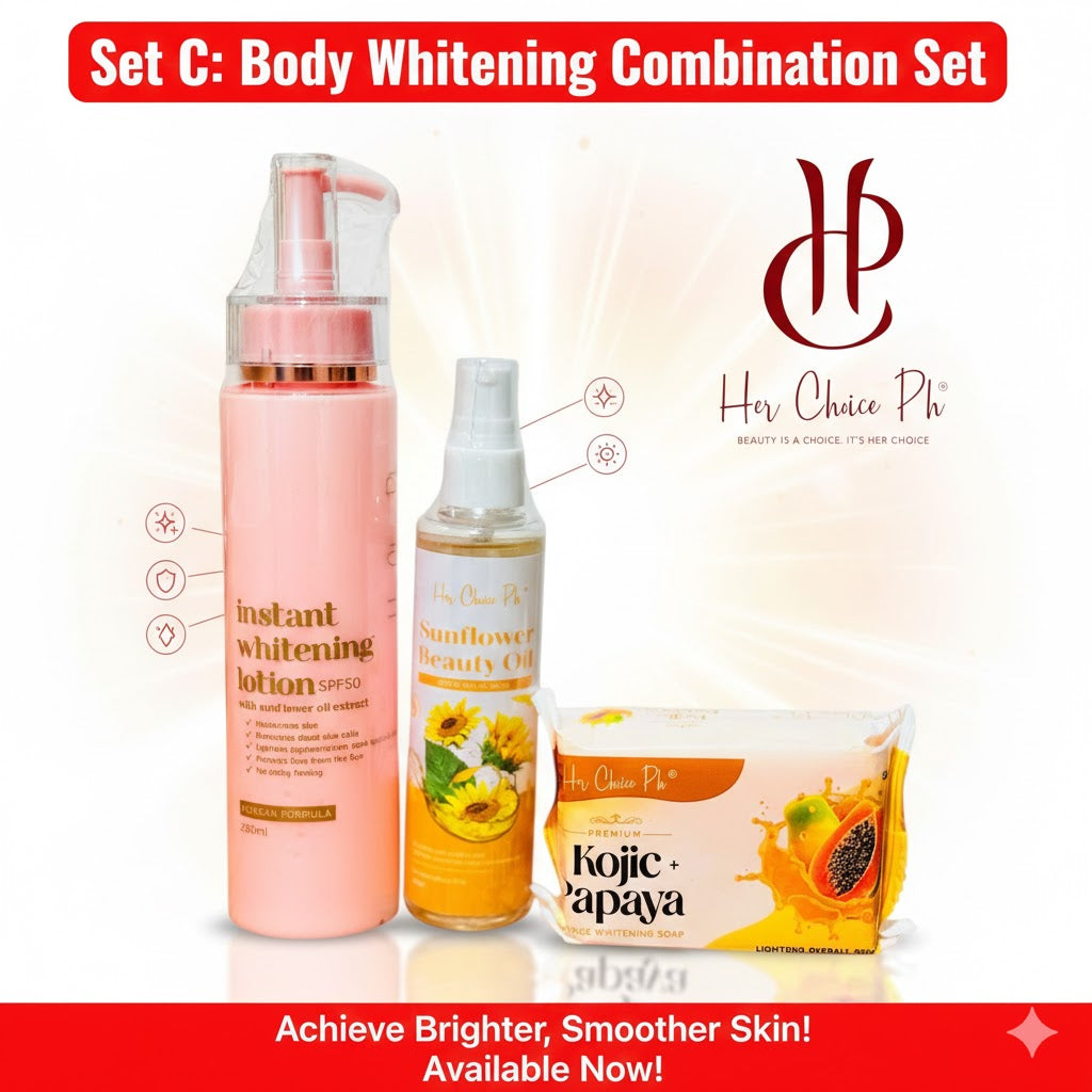 HER CHOICE PH SET C Body Whitening Combination Set - Instant Whitening Lotion, Sunflower Beauty Oil and Kojic Papaya
