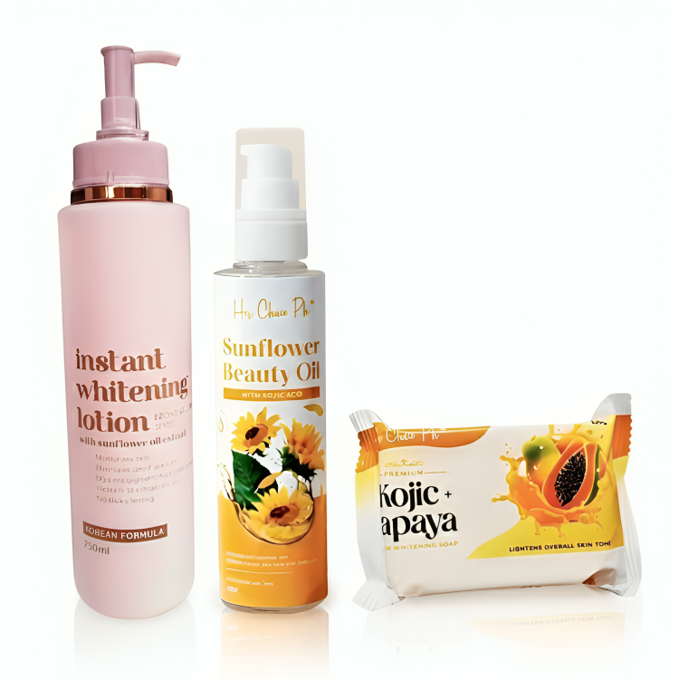 HER CHOICE PH SET C Body Whitening Combination Set - Instant Whitening Lotion, Sunflower Beauty Oil and Kojic Papaya