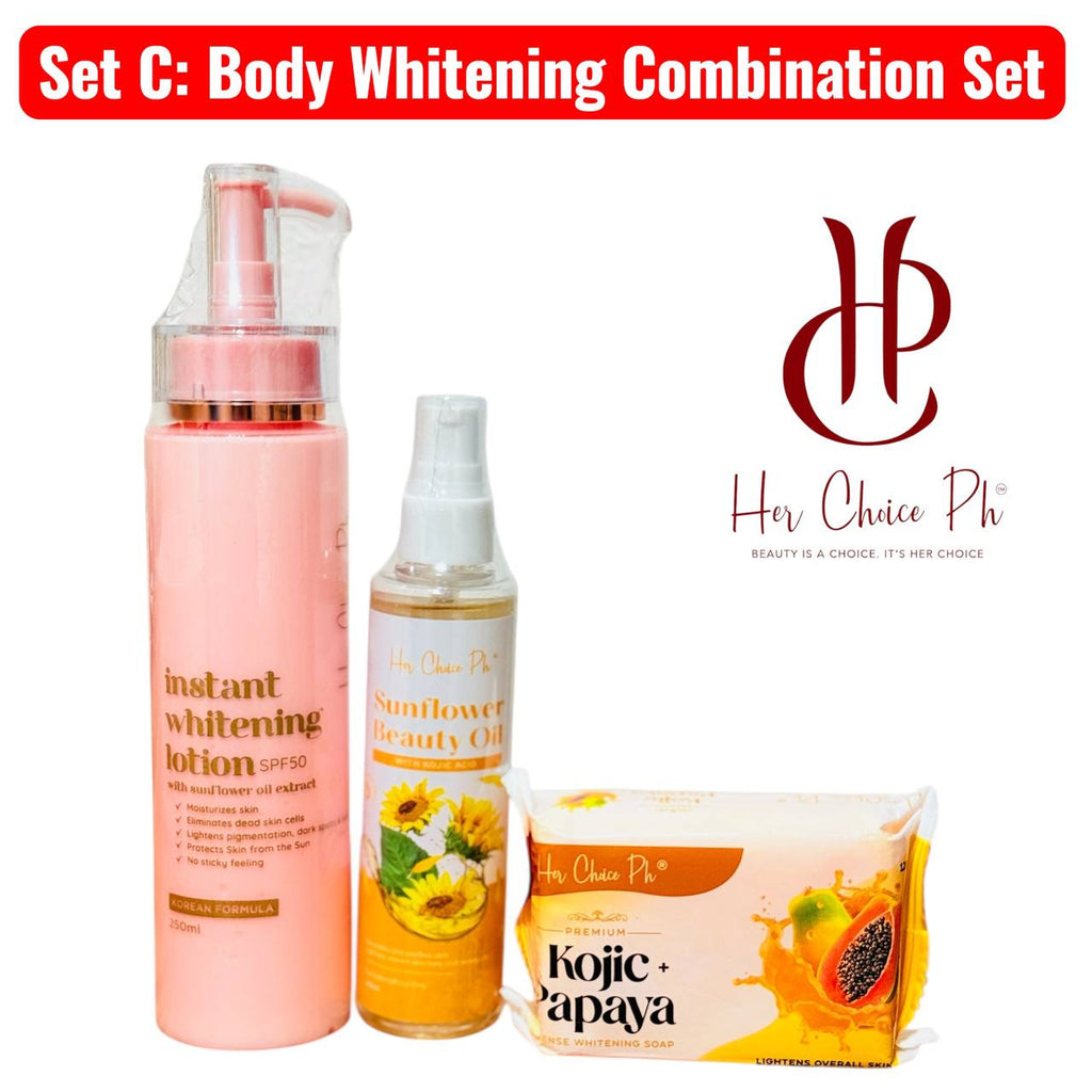 HER CHOICE PH SET C Body Whitening Combination Set - Instant Whitening Lotion, Sunflower Beauty Oil and Kojic Papaya
