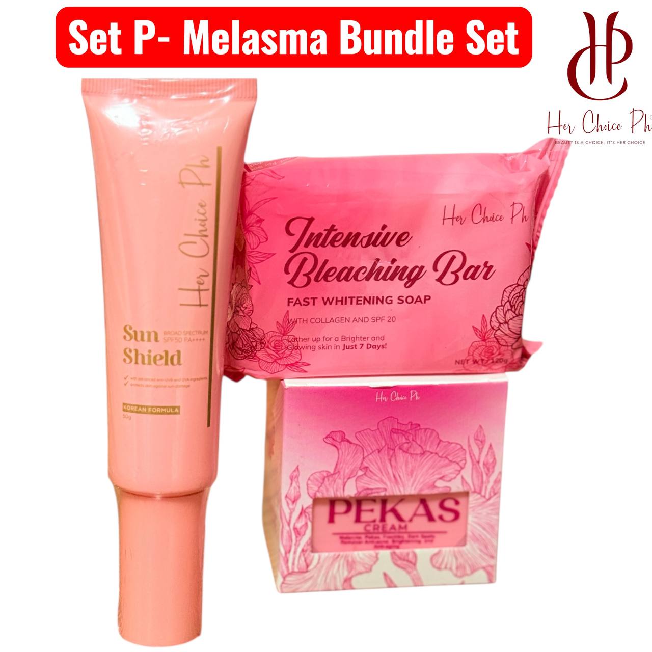 HER CHOICE PH SET P:  Melasma Bundle (Intensive Bleaching Bar + Pekas Cream + Sun Shield SPF50)