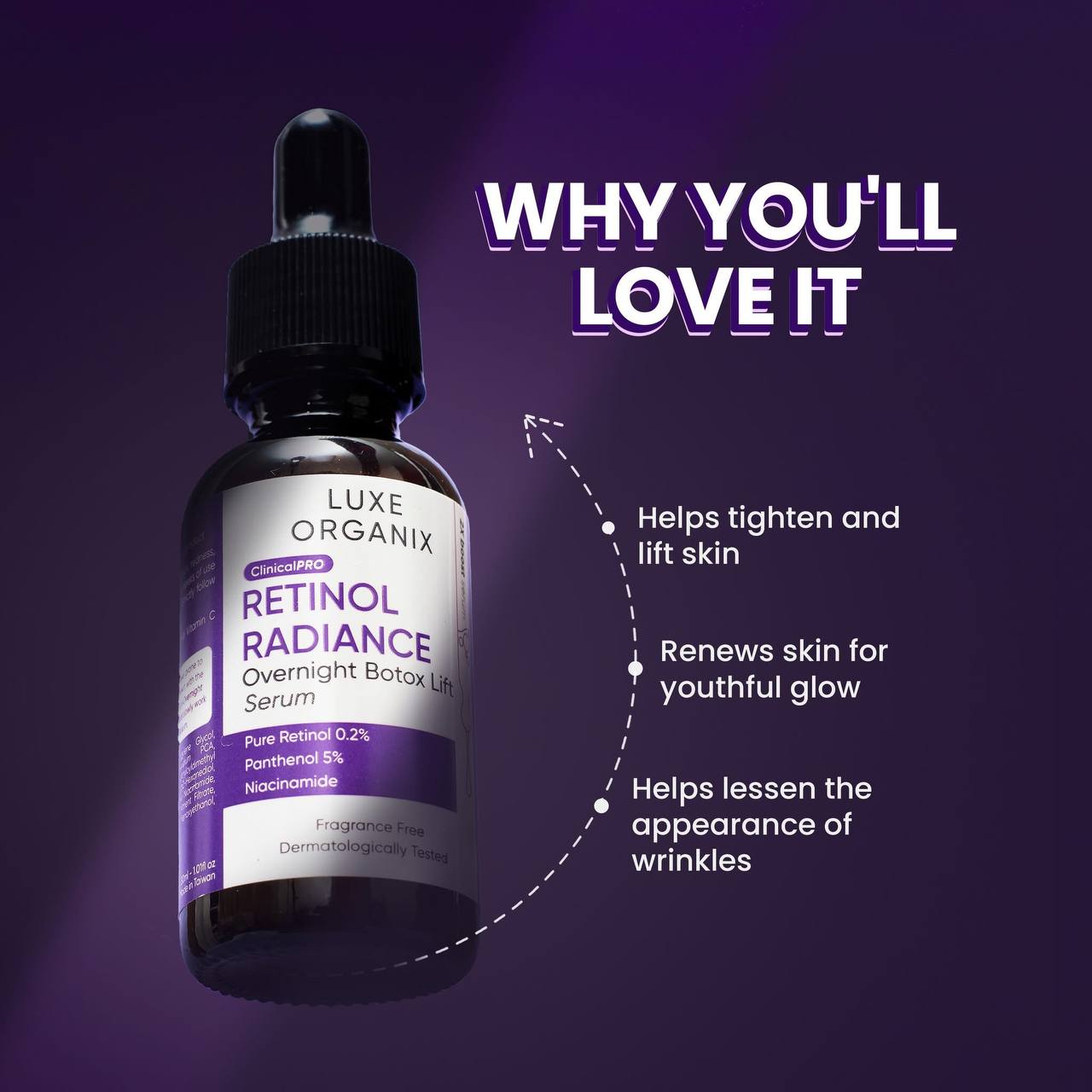 LUXE ORGANIX Retinol Radiance Overnight Botox Lift Serum 30ml