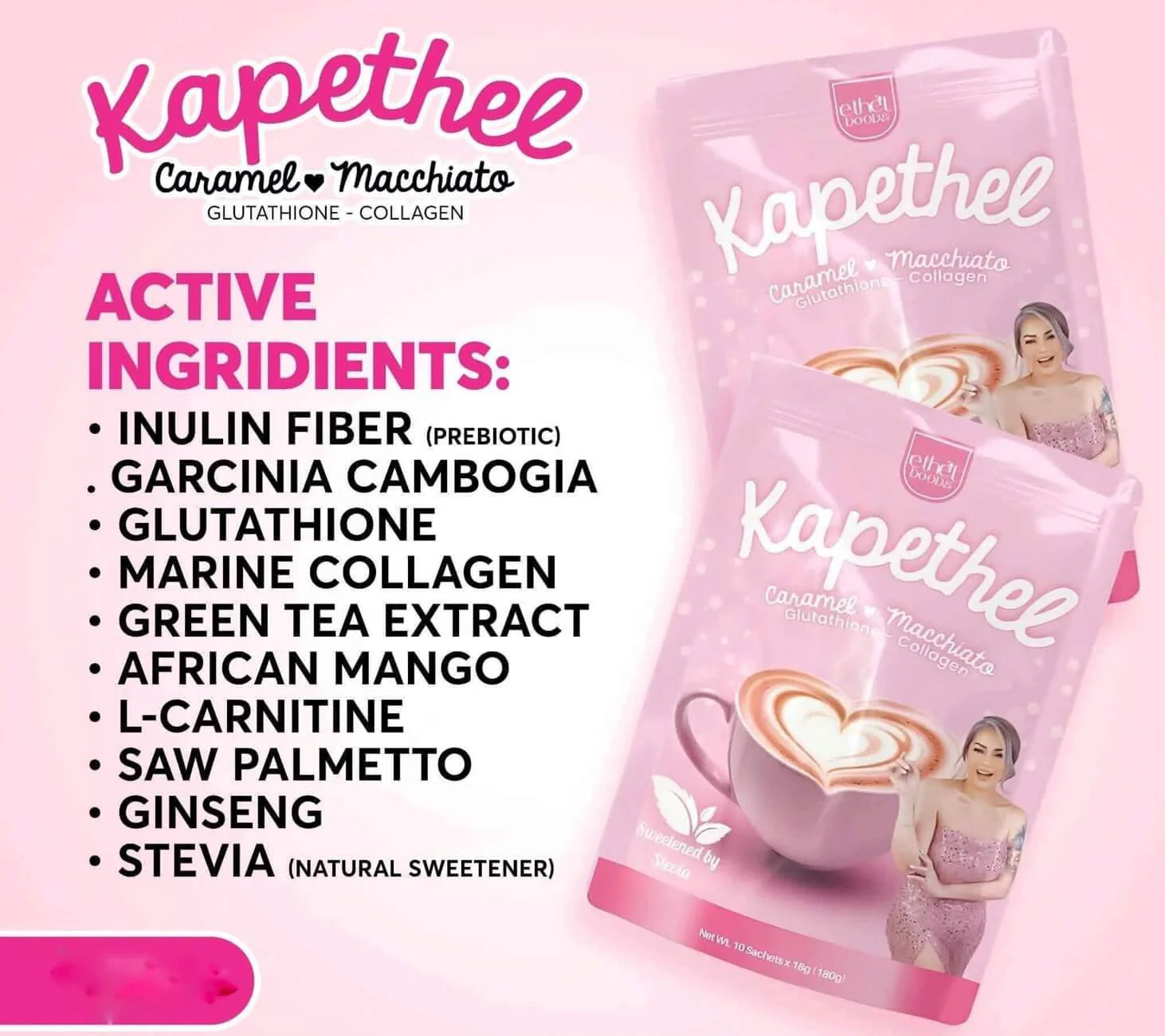 Ethel Booba Kapethel Coffee Drink Mix with Herbs & Collagen - Caramel Macchiato Flavor 10 Sachets x 18g (180g)