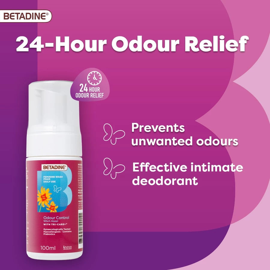 Betadine Feminine Wash Foam Daily Use Odour Control Witch Hazel 100ml