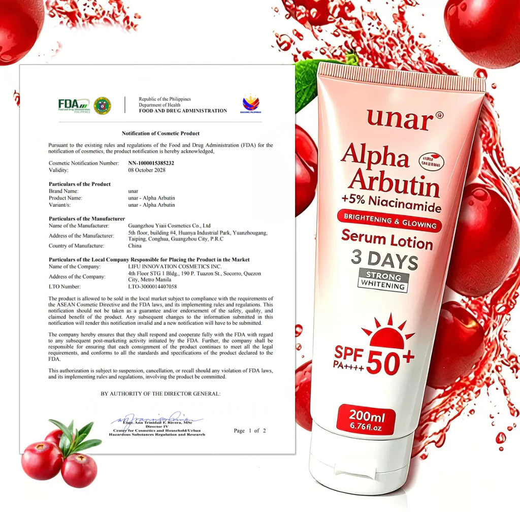 Unar Brightening Sunscreen Body Serum SPF 50 PA++++ Whitening Cream Alpha Arbutin Lotion 200ML