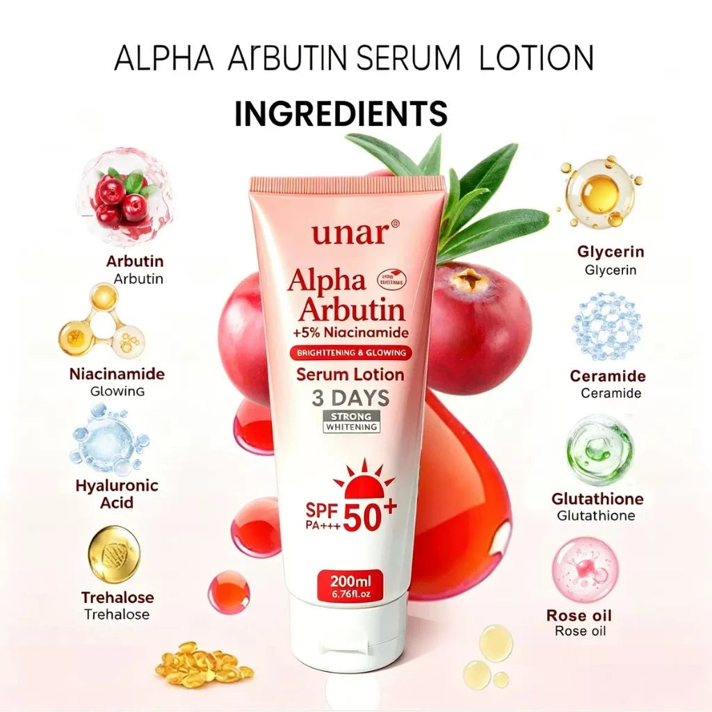 Unar Brightening Sunscreen Body Serum SPF 50 PA++++ Whitening Cream Alpha Arbutin Lotion 200ML