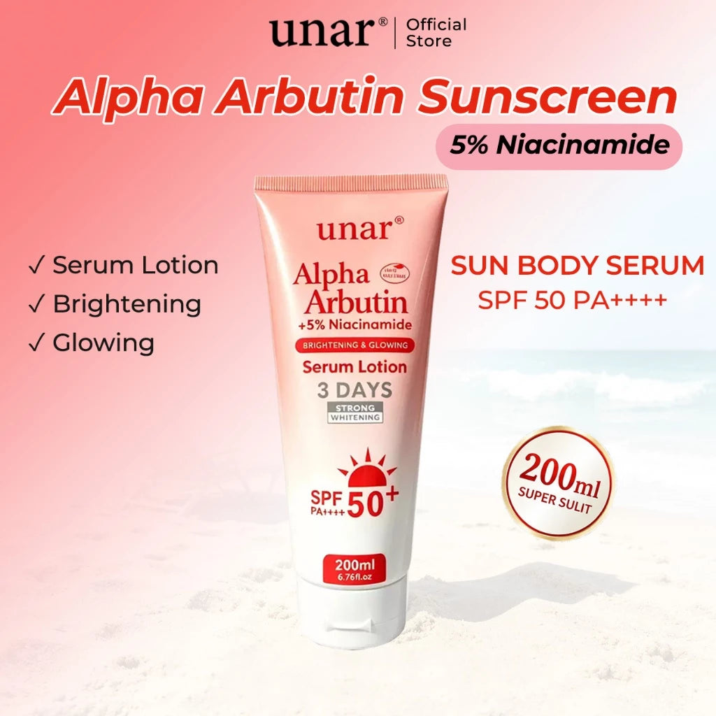 Unar Brightening Sunscreen Body Serum SPF 50 PA++++ Whitening Cream Alpha Arbutin Lotion 200ML