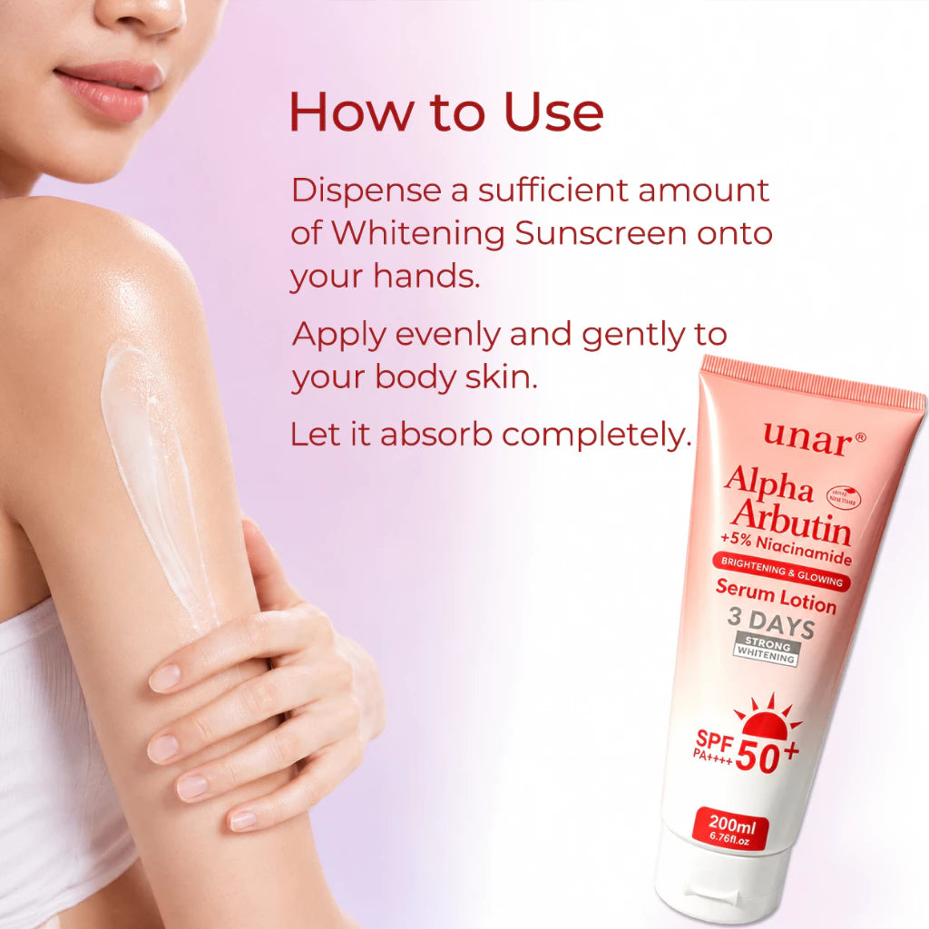 Unar Brightening Sunscreen Body Serum SPF 50 PA++++ Whitening Cream Alpha Arbutin Lotion 200ML