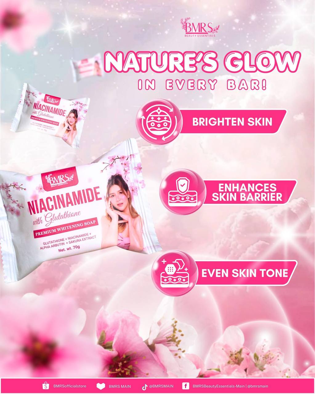 2 BMRS Niacinamide with Glutathione Premium Whitening Soap, 70G/BAR