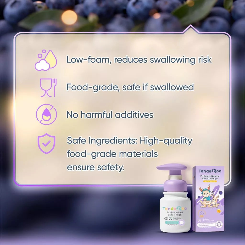 Tenderoo 0-3Years Toothgel Probiotic Vitamin C Fluoride Natural Baby Toothpaste Blueberry Flavor 60g